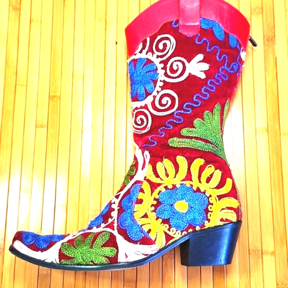 Turkish Sole Womens Back Zip Embroirered Red Velvet Leather Lined Cowboy Boots - Picture 5 of 12